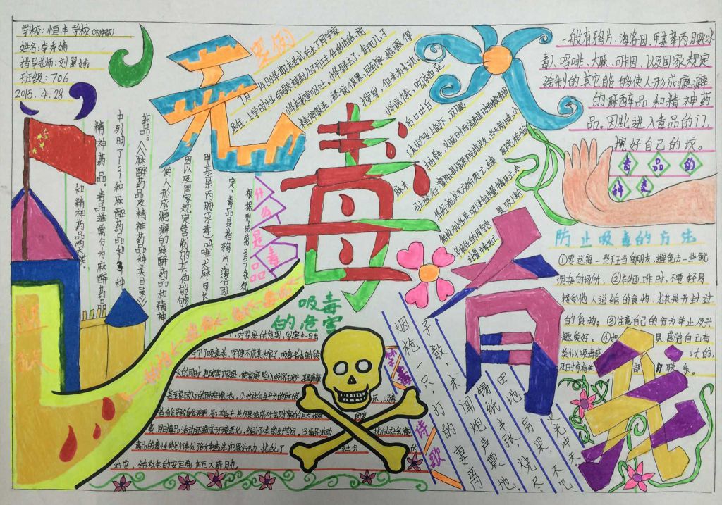 禁毒手抄报一等奖作品展示:无毒有我 禁毒手抄报一等奖作品展示:无毒有我